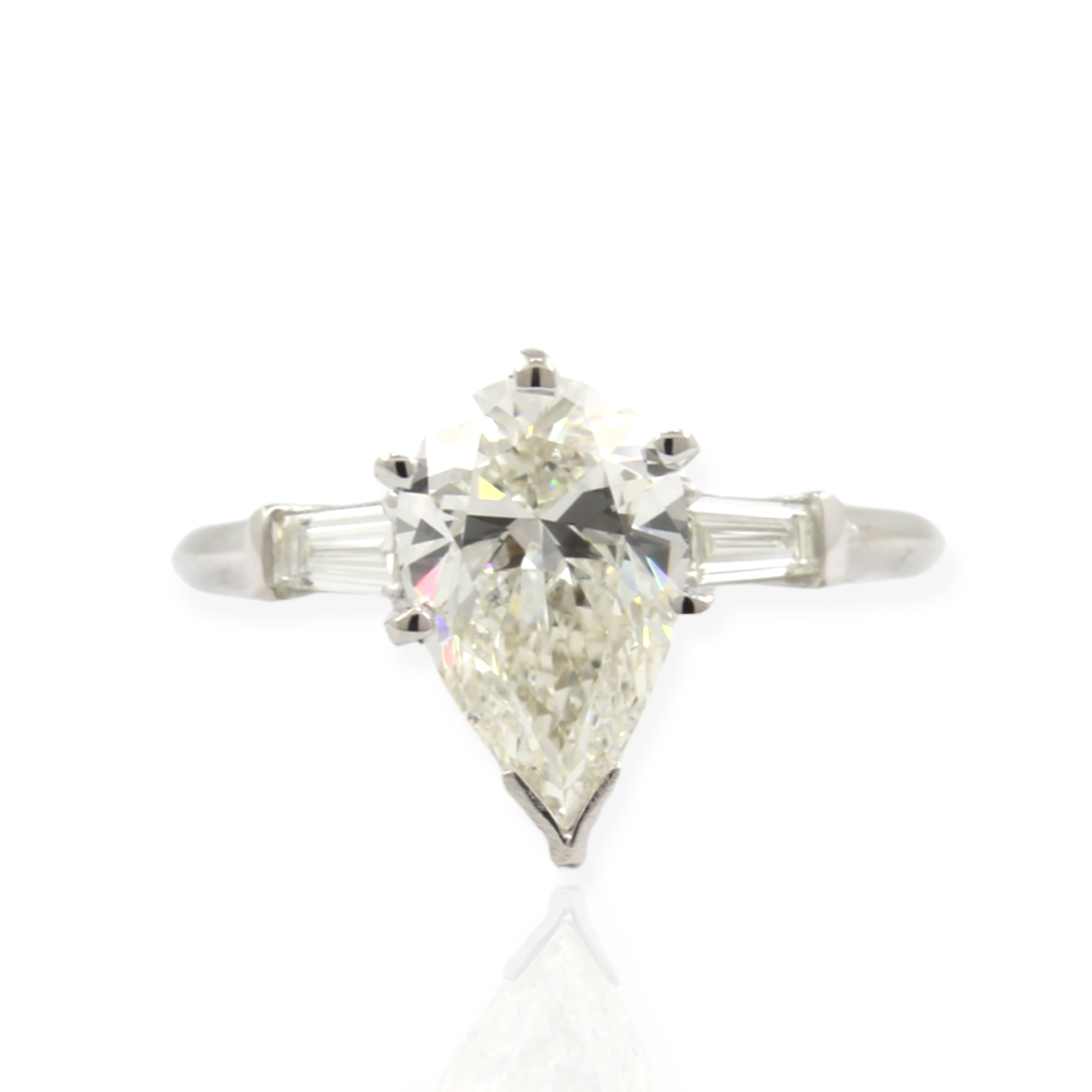 Three Stone Diamond Ring / Pear Shape & Baguette Diamonds